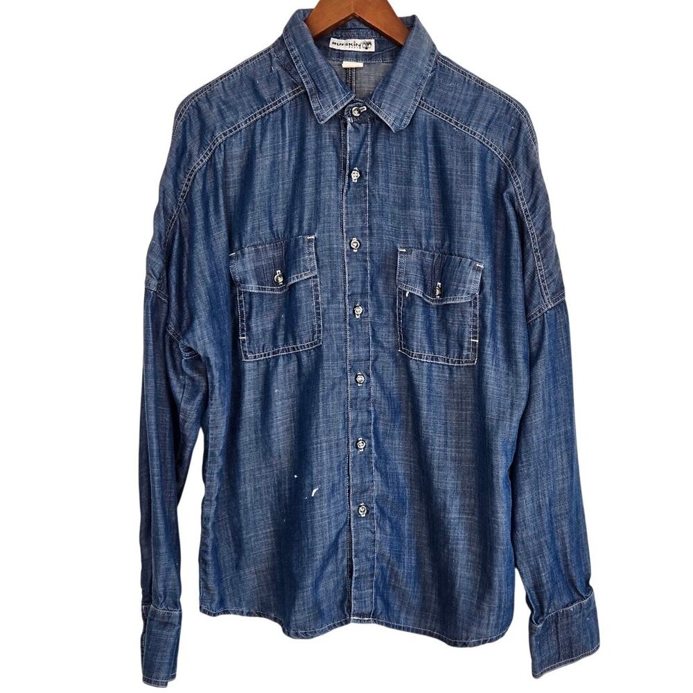 Rufskin Grunge Distressed Denim Button‑Down Relaxed Fit Paint Stains Size L